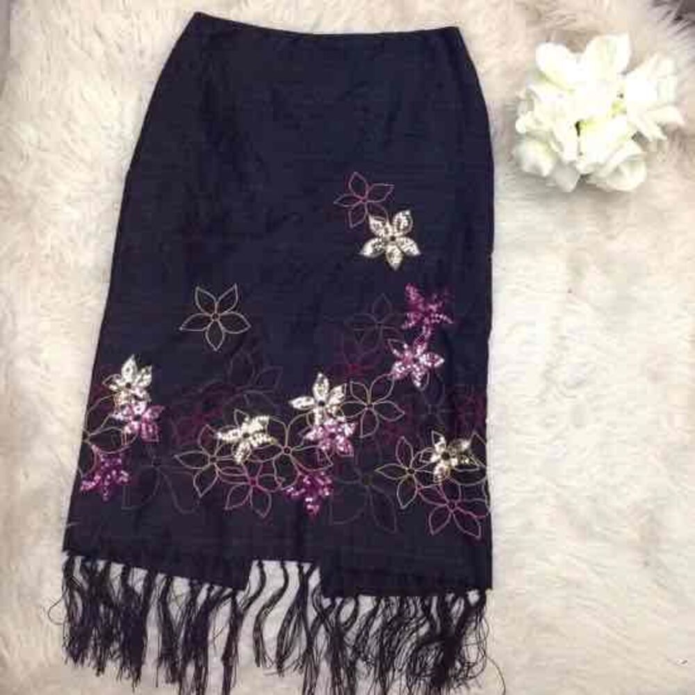 Muse Vintage Silk Fringe Midi Skirt Floral Sequin Embroidery Black Size 4 Small